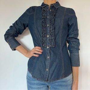 Morgan de toi ruffle denim shirt button up blouse western stitch, size - 8